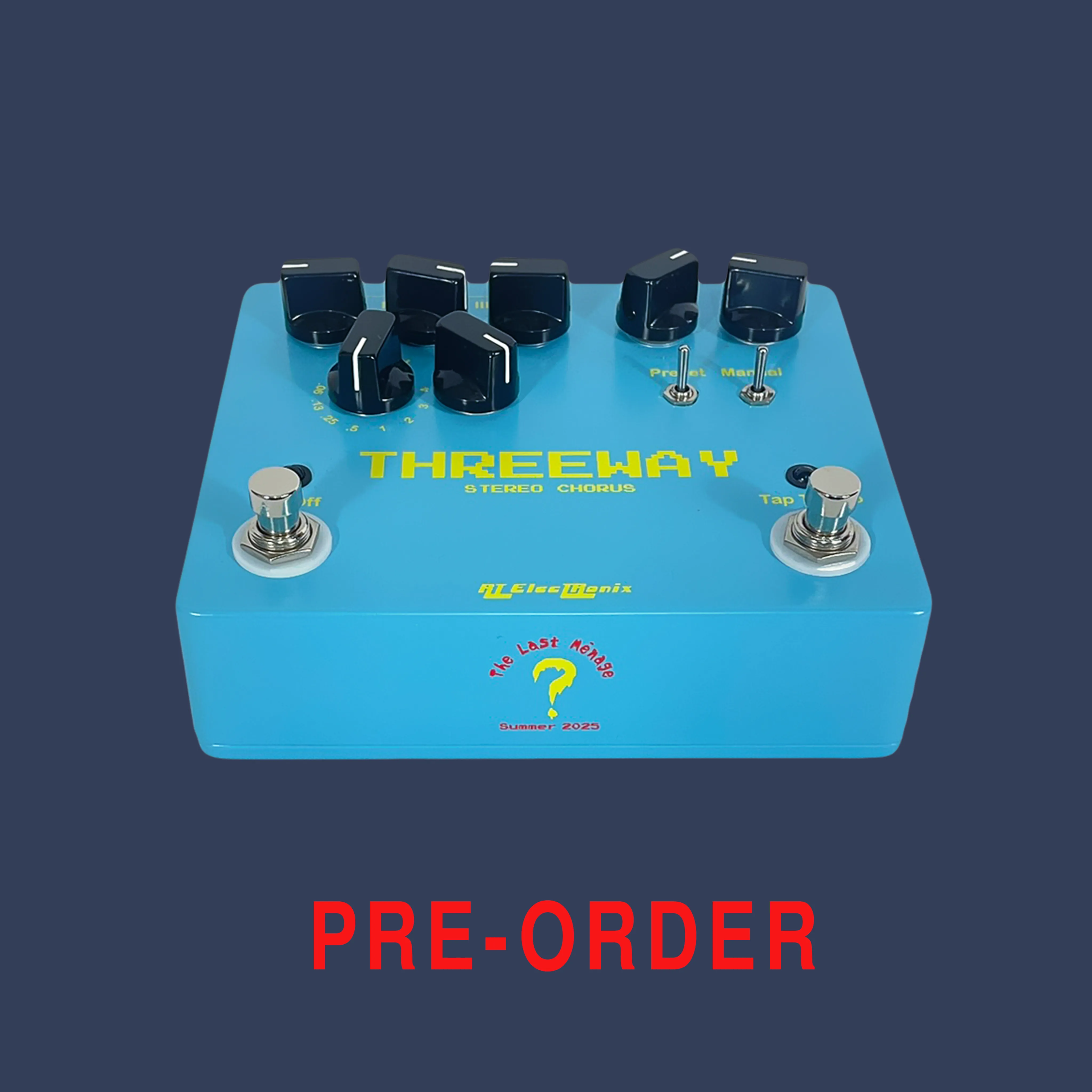 Threeway stereo chorus pedal above large red Pre-Order text.