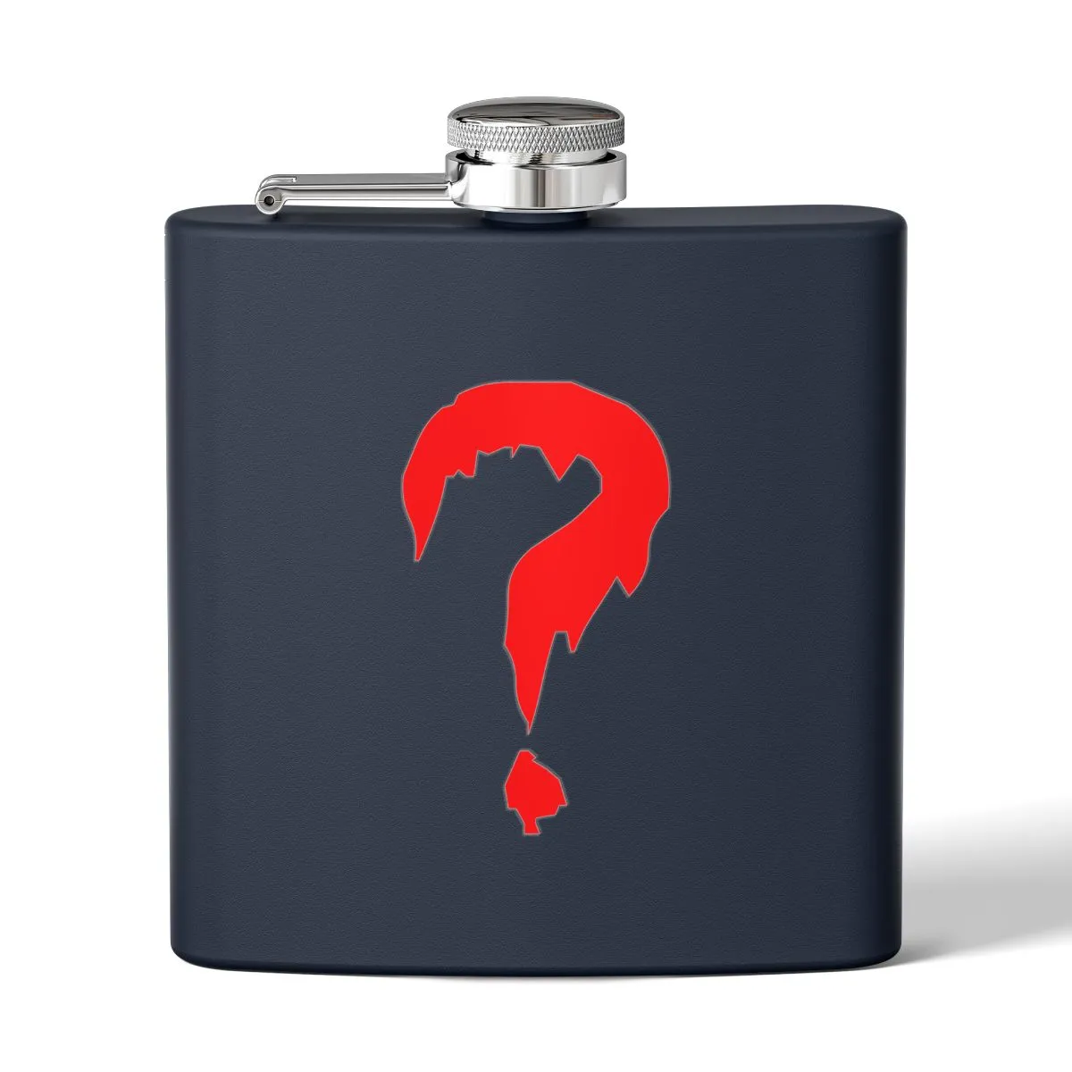 Navy metal hip flask with a red question mark and silver screw cap.