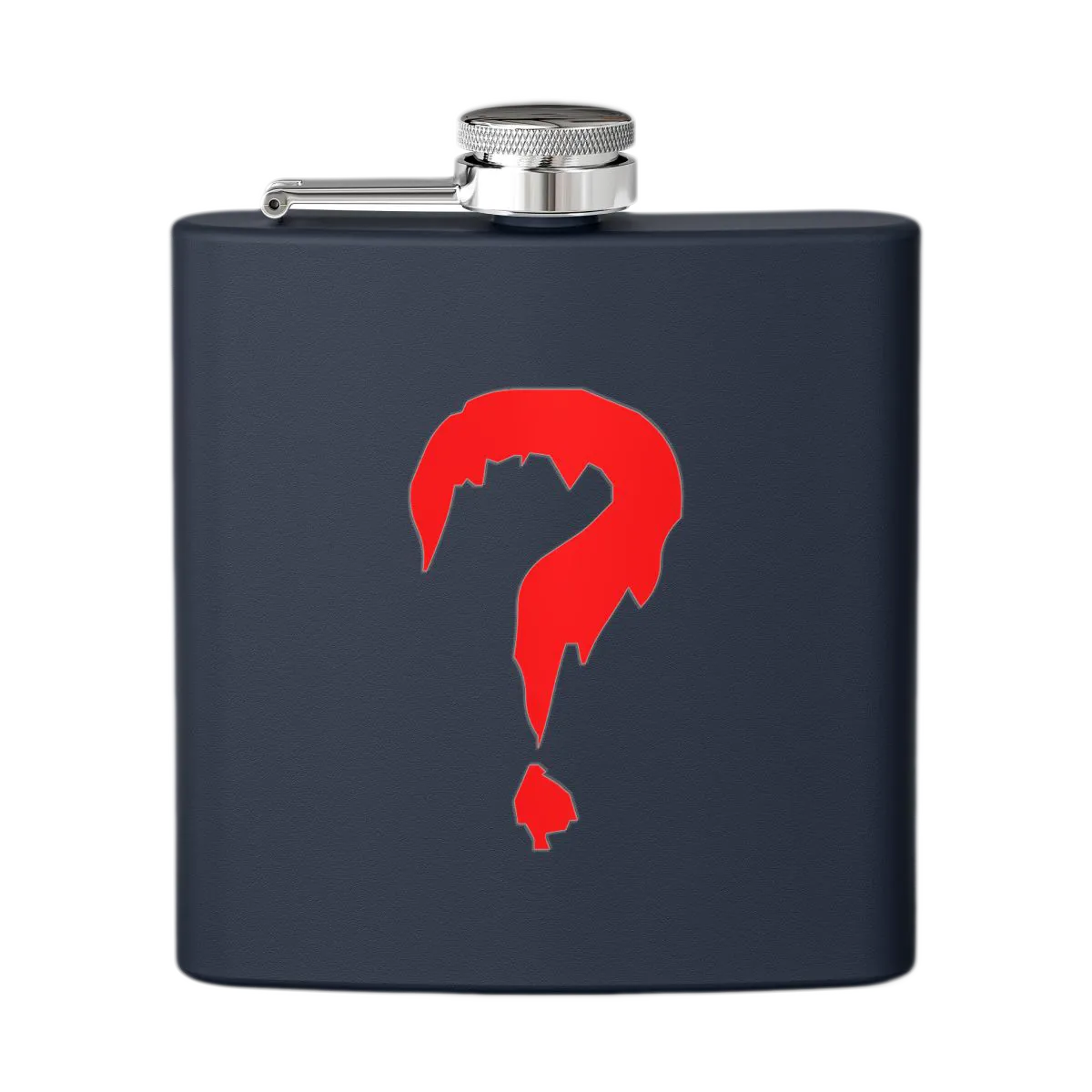Navy metal hip flask with a red question mark and silver screw cap.